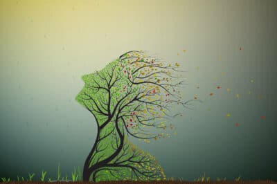 tree stretching his face to the last summer sun but autumn is coming and leaves start falling, tree soul, plant surrealism icon,